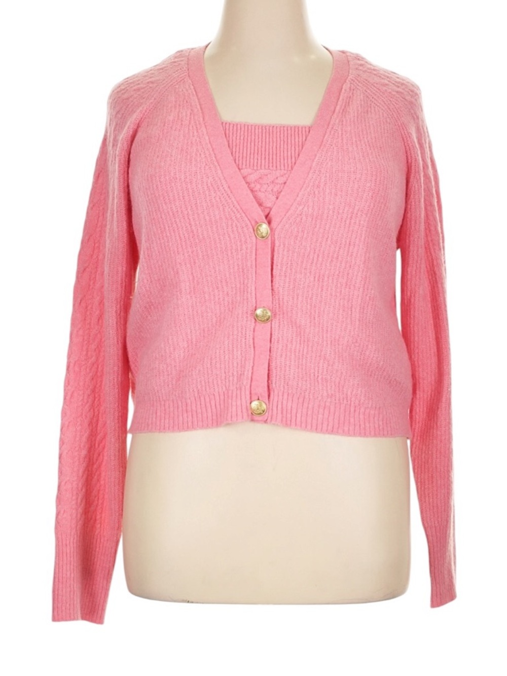 J. Crew Supersoft Cropped Cable Knit Sweater Tank Set XL Pink Gold Buttons Wool - Picture 4 of 14